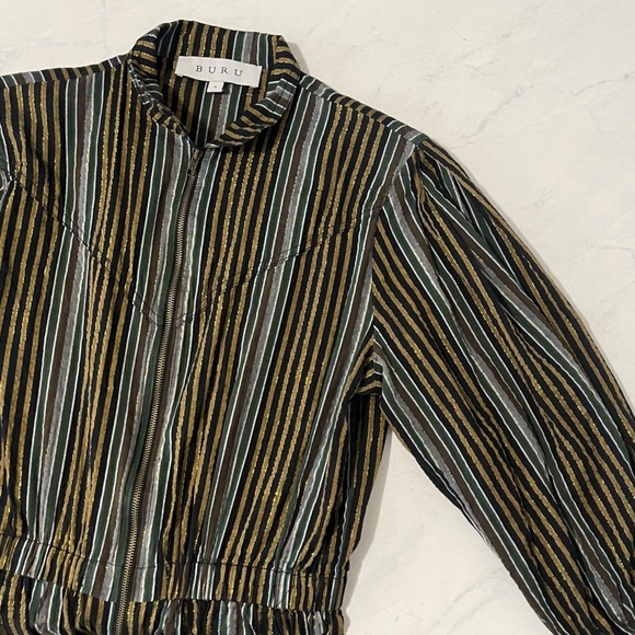 Buru Green Gold Striped 3/4 Sleeve Zip Up Jumpsuit Size Small Utility Fall - Picture 3 of 7